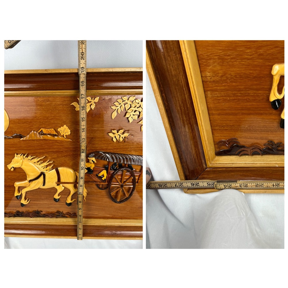 Vtg Asian Hand Carved 3D Wooden Inlay Wall Art Horse Cart Scene Rustic Folk‎ Art - Picture 7 of 8